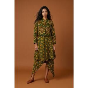 Handmade Green & Yellow Geometric Print 3 Piece Kurta & Bandhani Sizes In Sub
